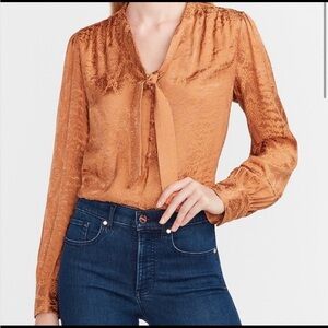 Express Gold Satin Jacquard Tie Neck Top